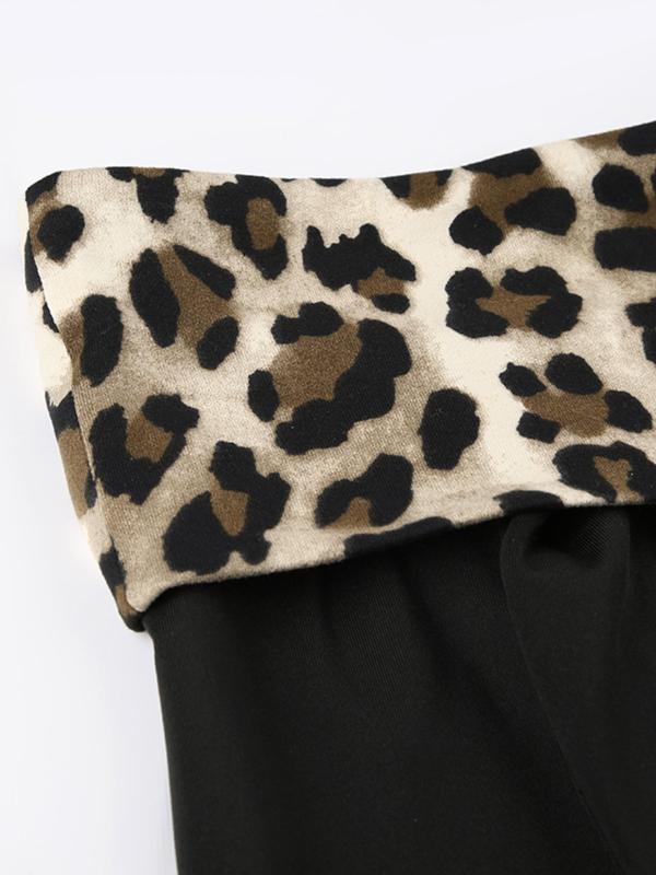 Two-piece Set Women's Leopard Patchwork Off Shoulder Crop Top & Ruched Shorts, Casual Fashion Cozy Long Sleeve Top & Drop Waist Shorts for Daily Outdoor Wear, Ladies Clothes for All Seasons